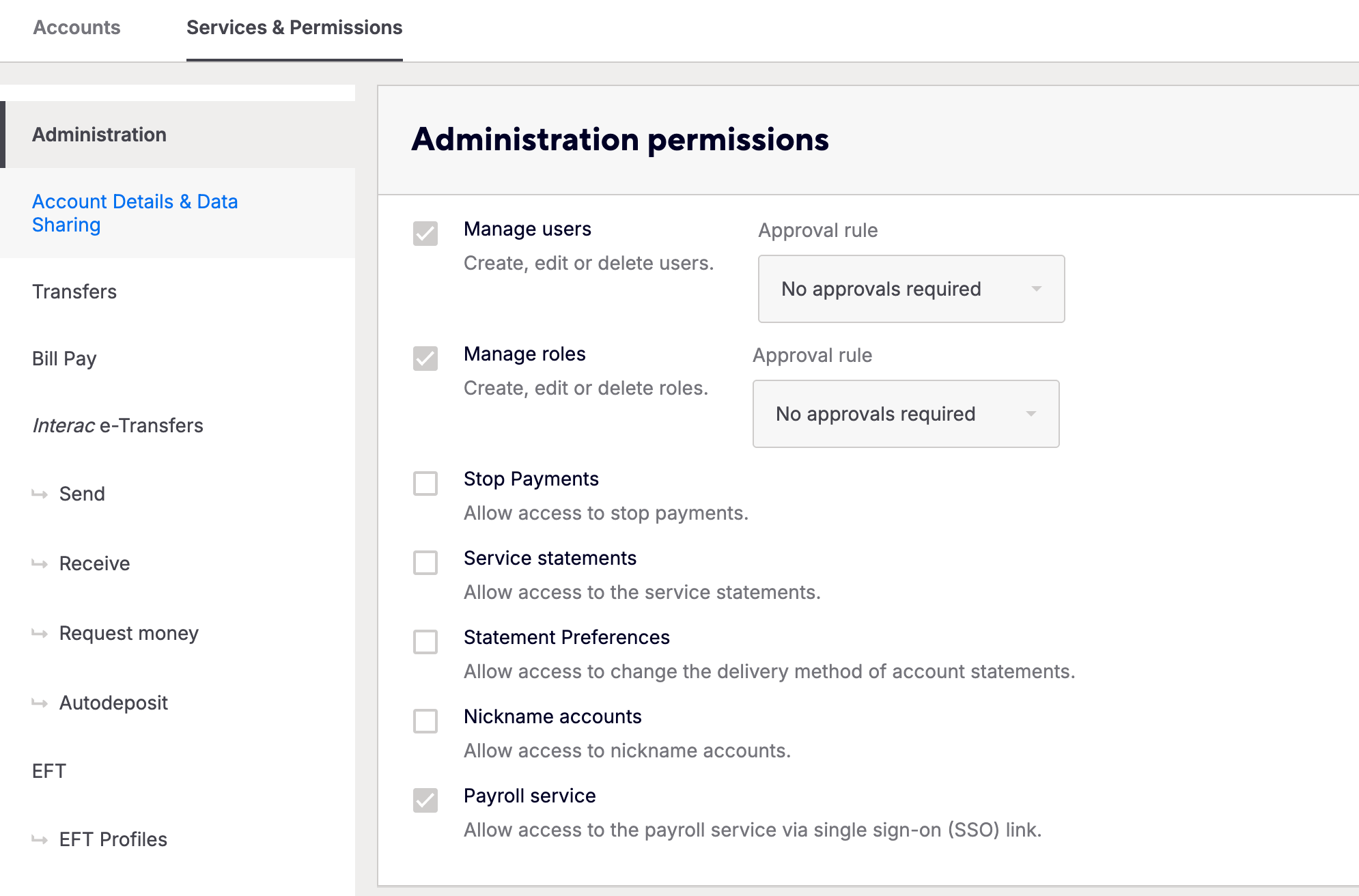 ATB online banking Services & Permissions tab showing Administration permissions, including the Payroll service checkbox
