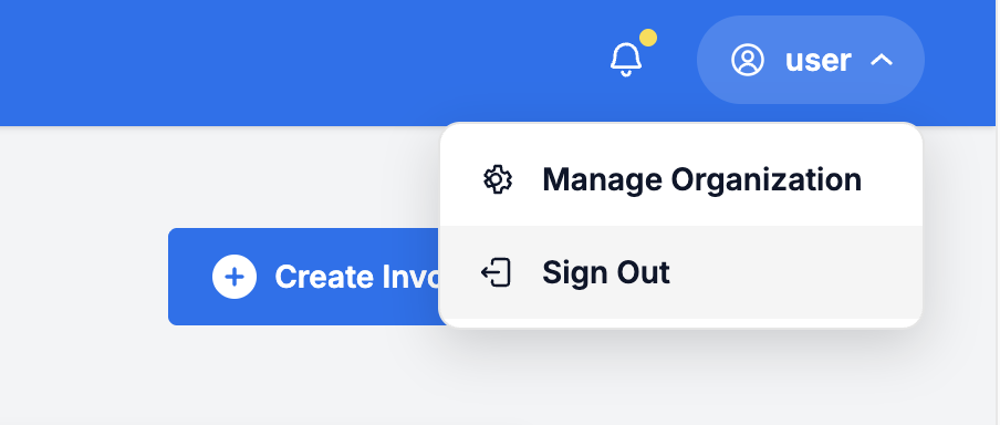 User menu in the top bar opened to show Manage Organization and Sign Out