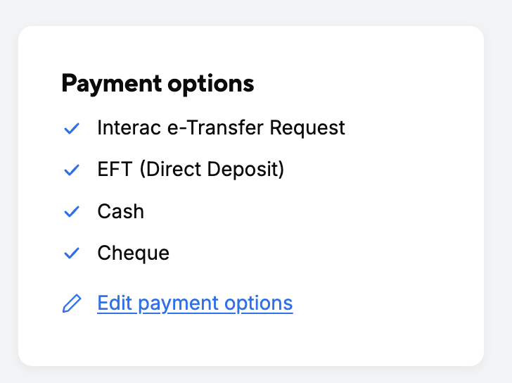 Payment options card listing Interac e-Transfer Request, EFT, Cash and Cheque