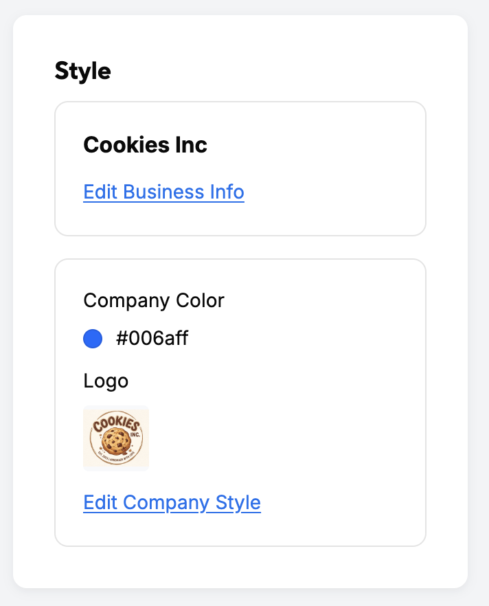 Style card showing the business name, company colour and logo with edit links