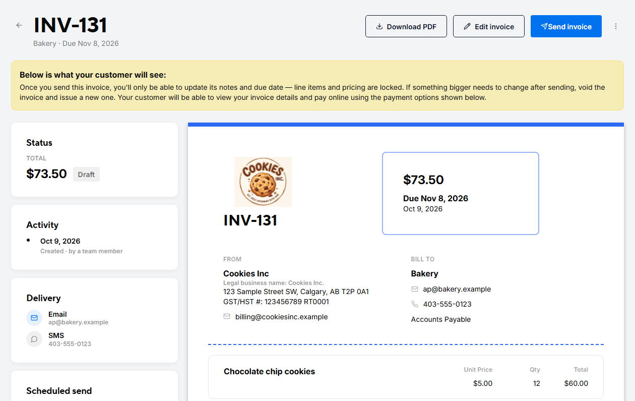 A saved draft invoice showing what your customer will see, with the From and Bill to details