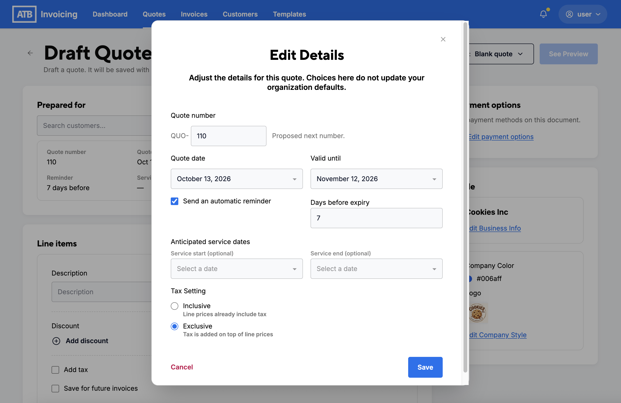 Edit Details dialog on a draft quote with quote number, dates, service dates and tax setting