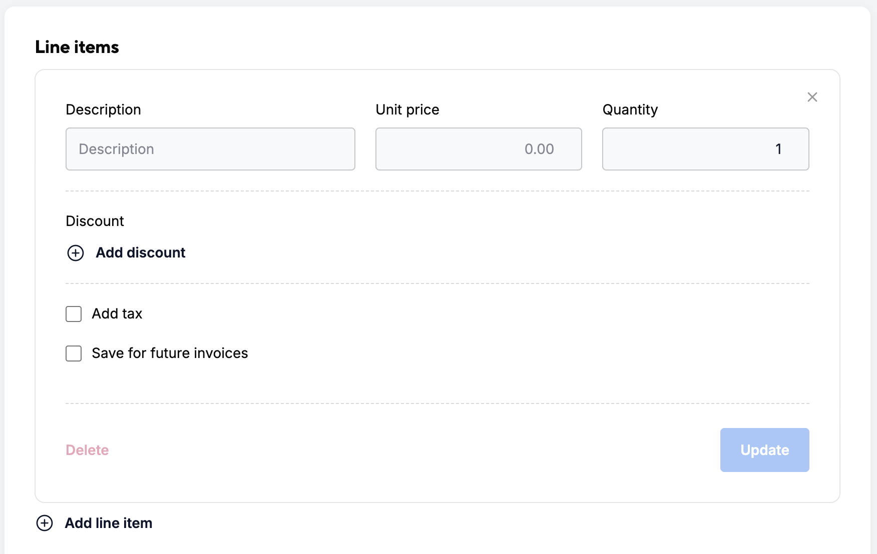 Quote line items section with Description, Unit price and Quantity fields