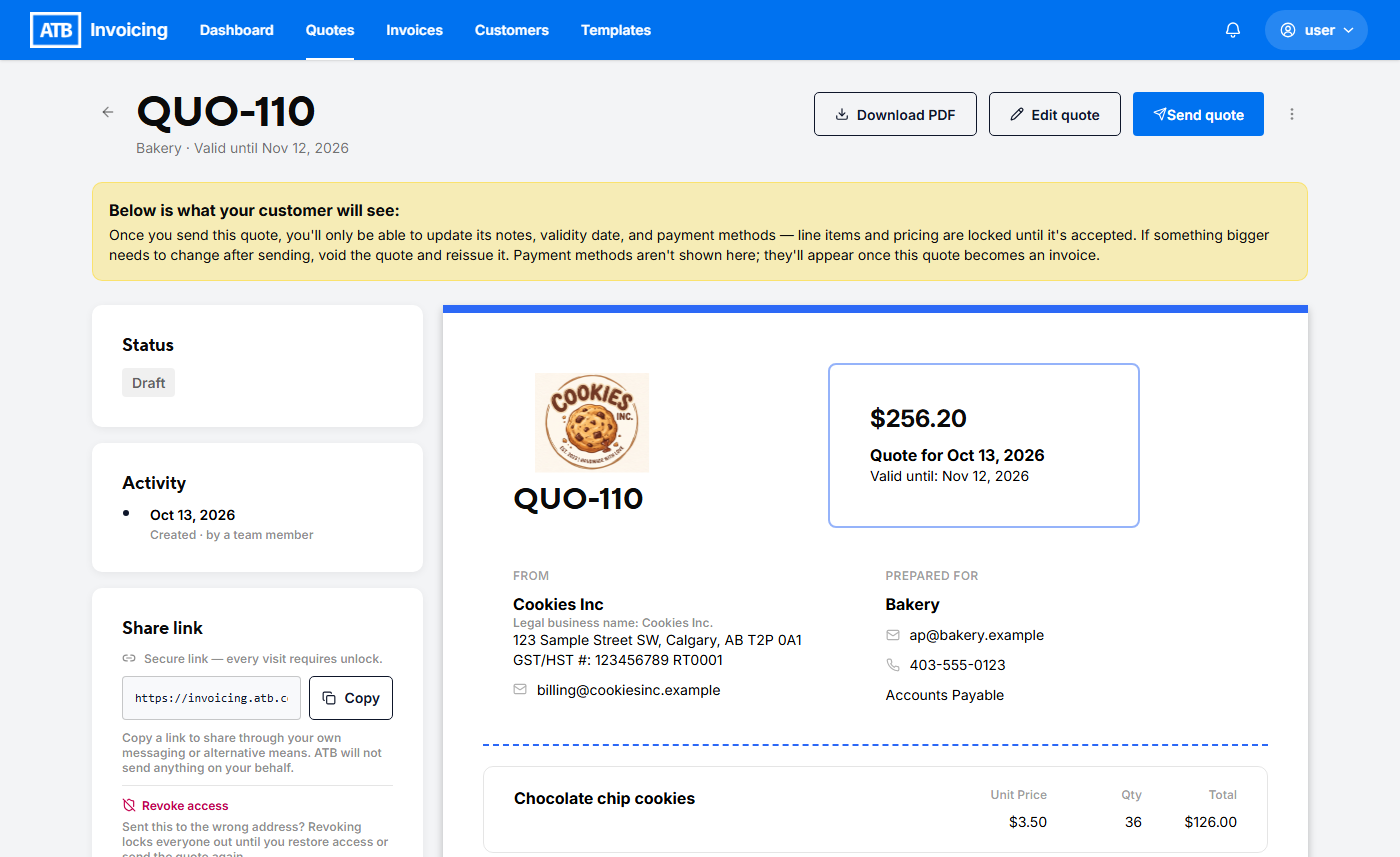 A saved draft quote showing what your customer will see, with the Share link card