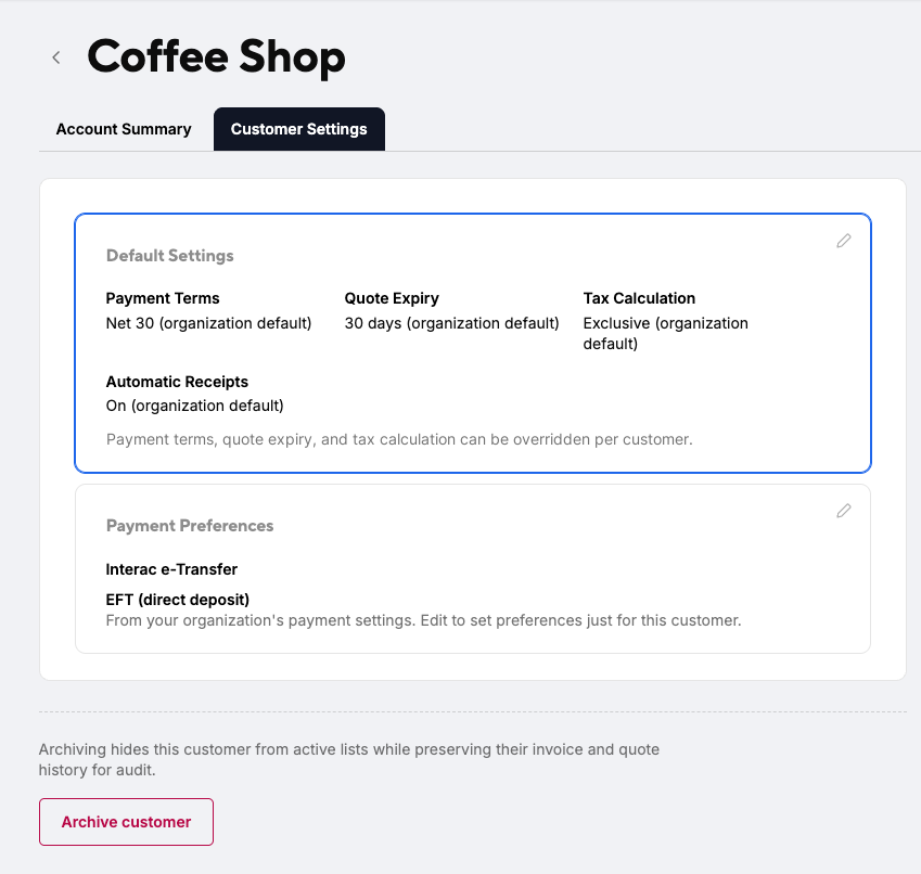 Coffee Shop Customer Settings tab with the Default Settings card highlighted