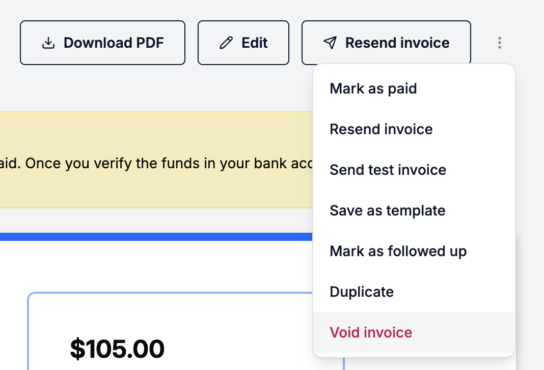 The sent invoice More actions menu with Mark as paid, Resend, Save as template, Duplicate and Void invoice