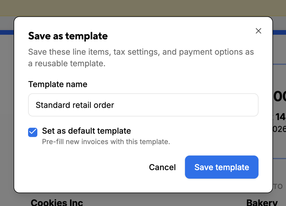 The Save as template dialog with a template name field and a Set as default template checkbox