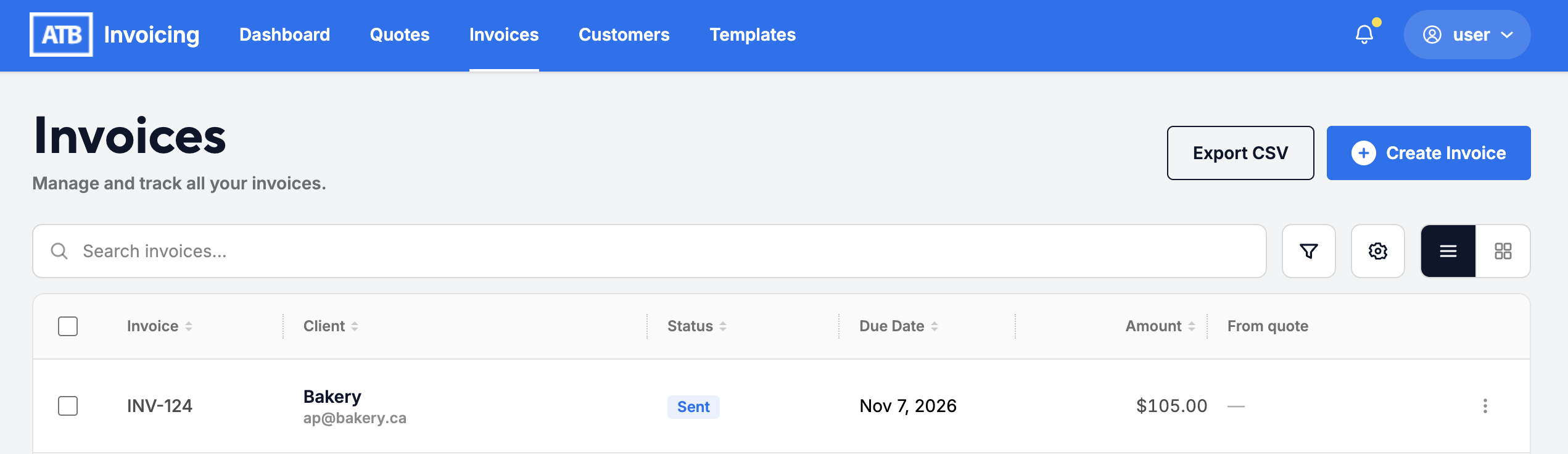 The Invoices list header with Export CSV and Create Invoice buttons, search, filter and view controls, and one invoice row