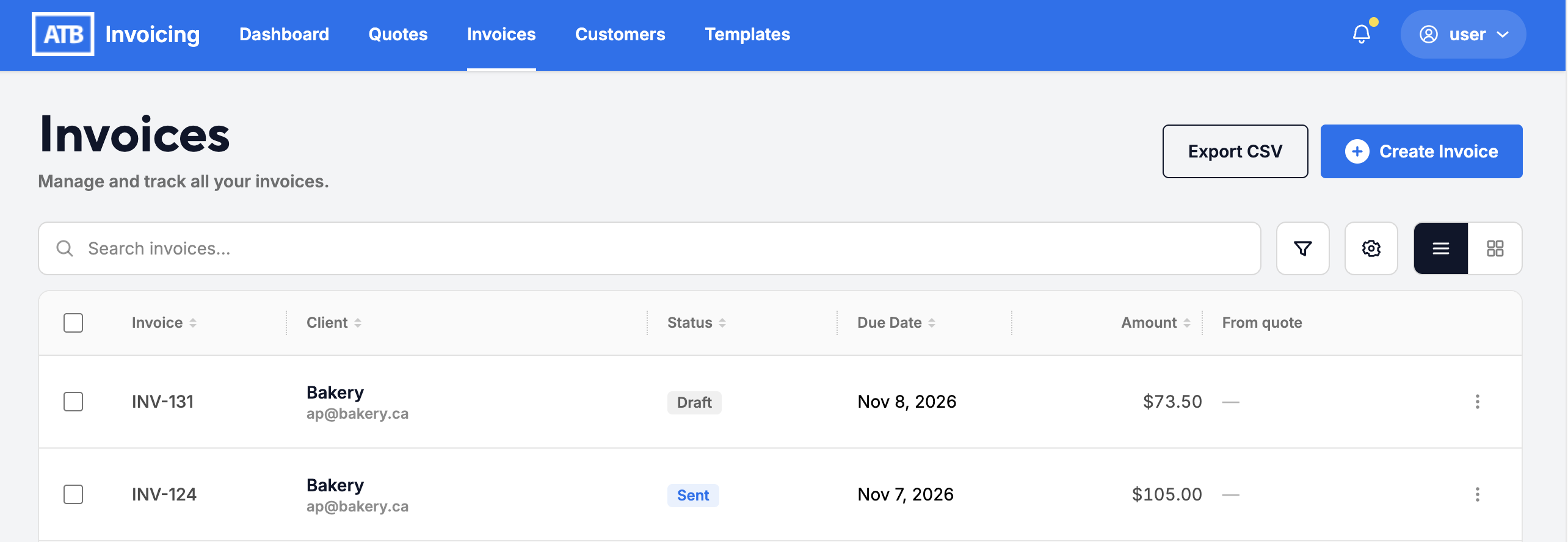 The Invoices list with search, filter, settings and view controls and two Bakery invoices