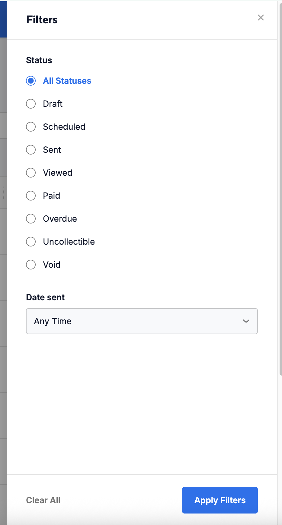 The invoice Filters panel with status options and a Date sent dropdown