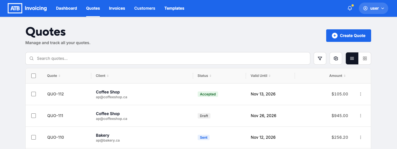 The Quotes list with search, filter, settings and view controls and three quotes