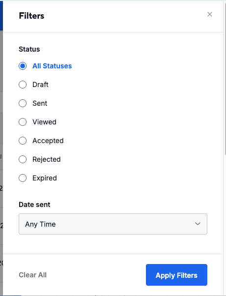 The quote Filters panel with status options and a Date sent dropdown